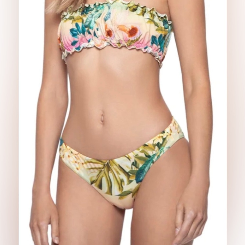 PQ Swim Oasis Remi Ruched Bandeau Embroidered Side Tie Bottom Bikini Set Medium